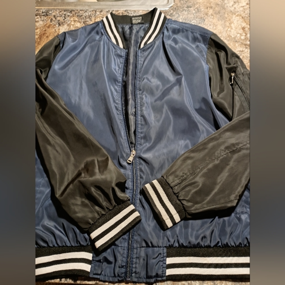 Original Deluxe Blue and Black Bomber Jacket with Ribbed Trim